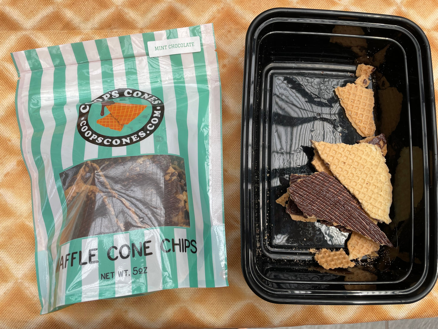 Coop's mint chocolate waffle cone chips